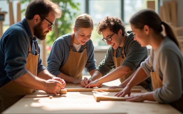 Studenter som lærer grunnleggende trearbeid i et lyst verksted