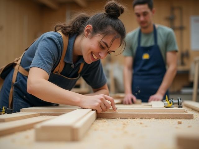 En deltaker på et trearbeidskurs snekrer sammen treplanker